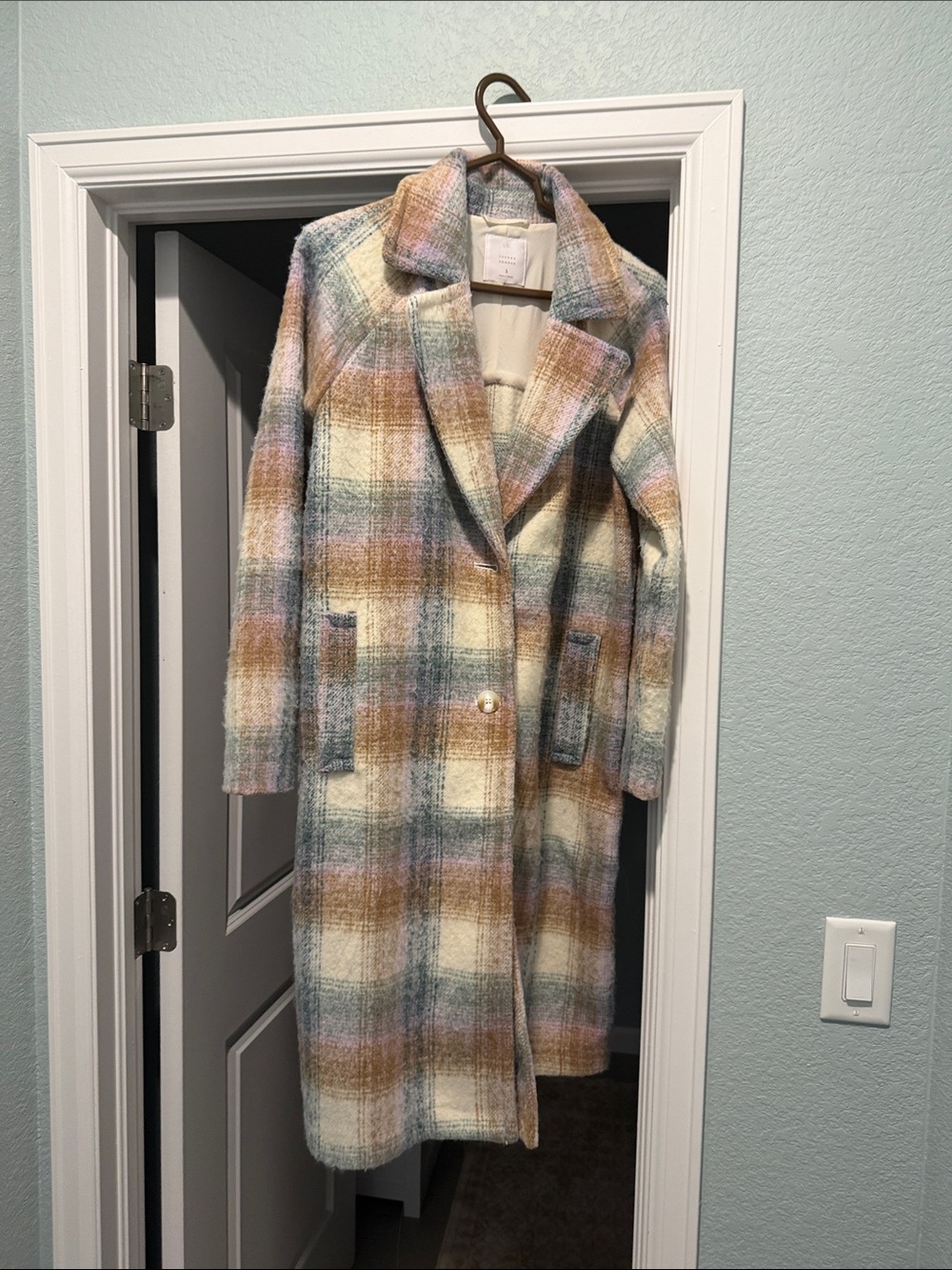 Plaid Long Wool-Blend Coat in Pastel Multi - Women